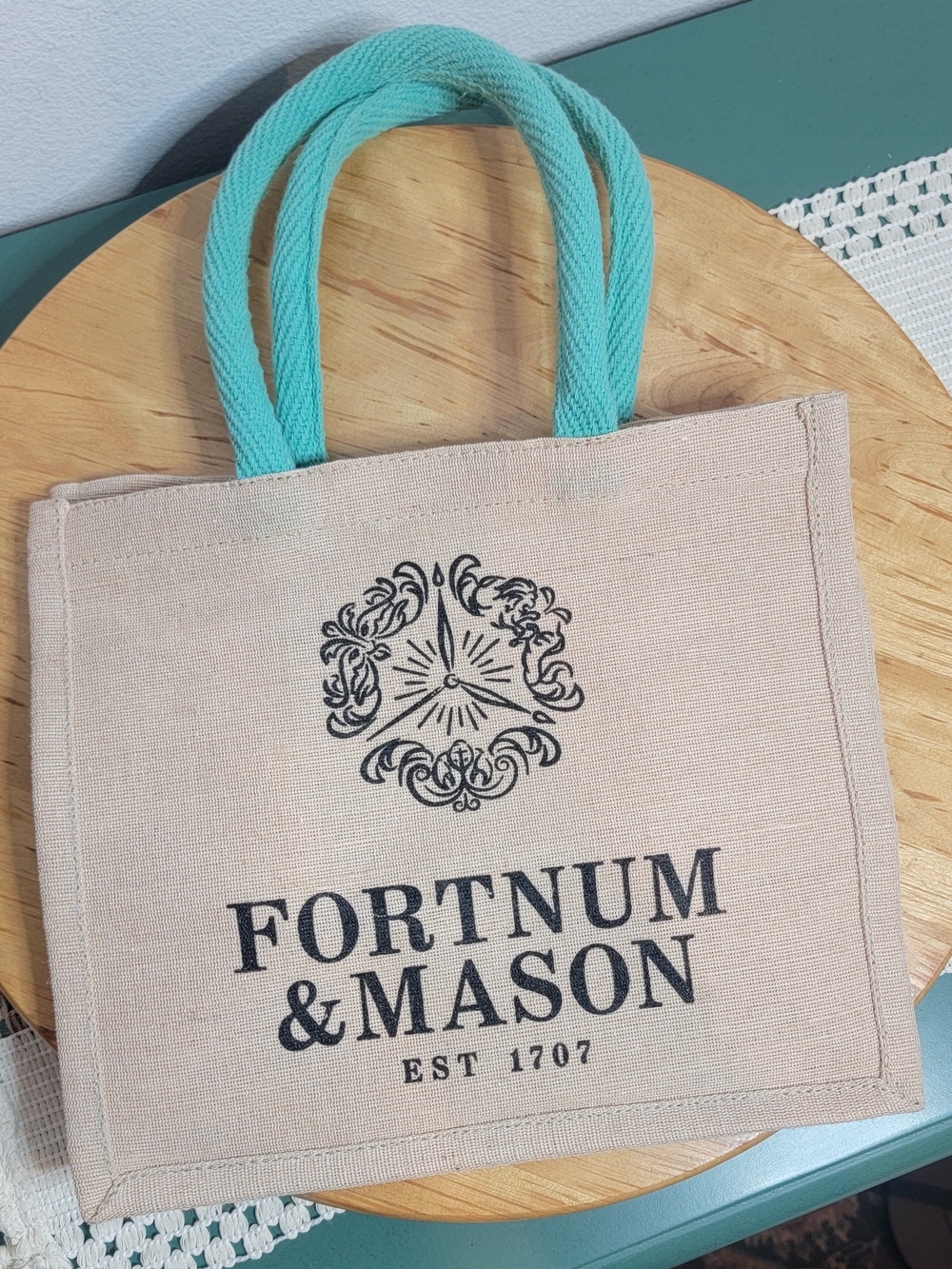 Fortnum & Mason Small Beige Jute Reusable Logo Tote Bag Blue Handles 12x10"